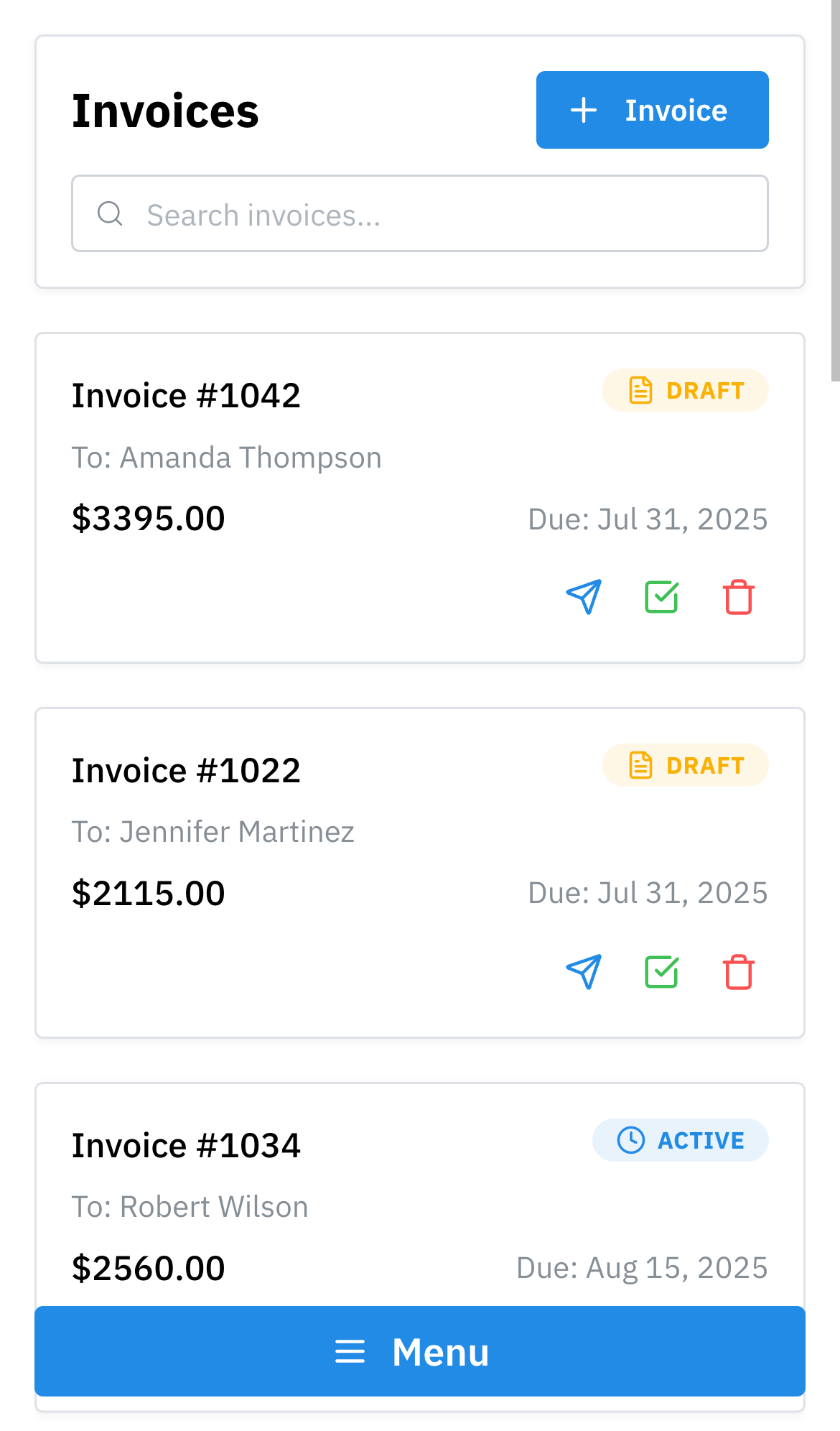 StudioKit invoices on mobile with an open menu